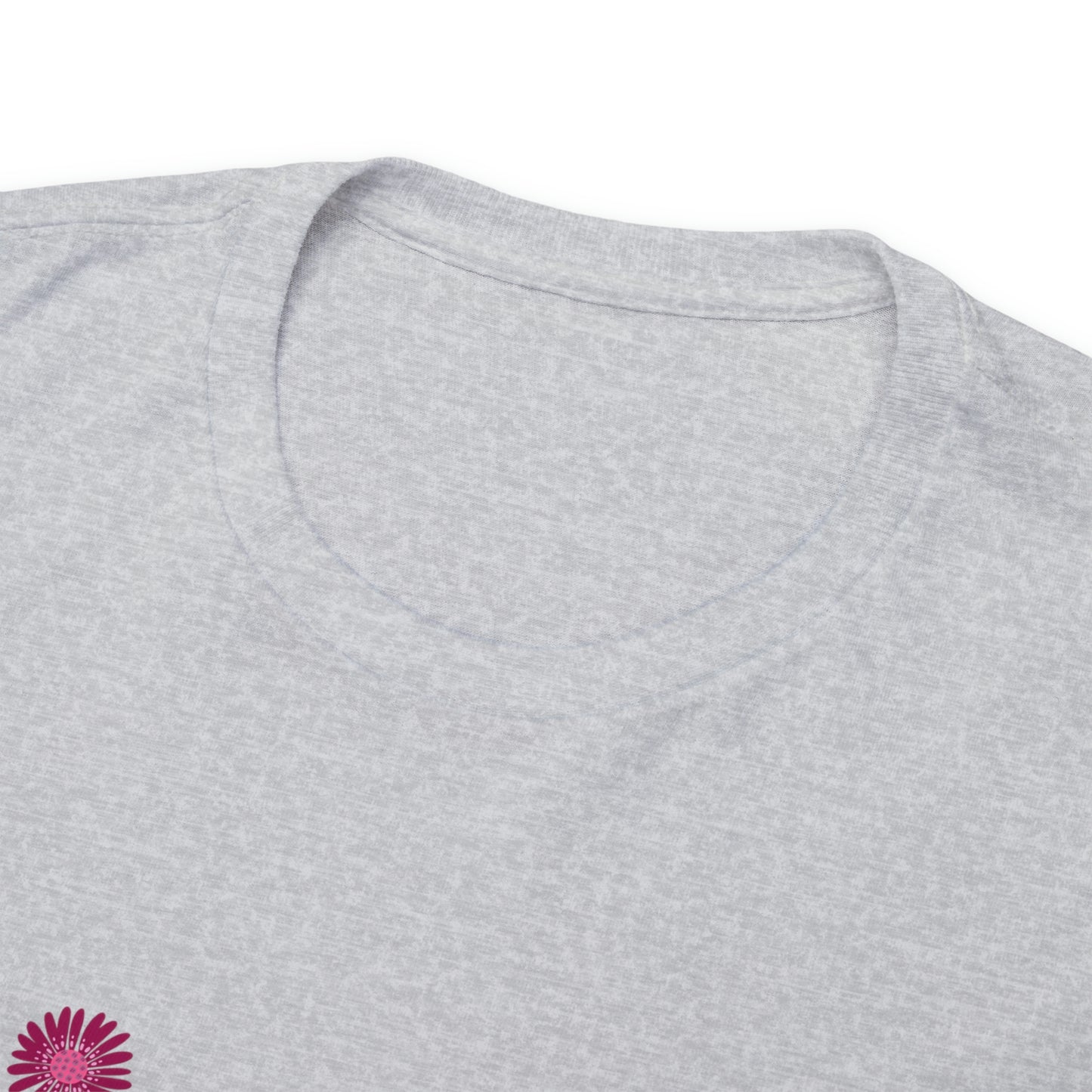 Close up of the front of the neck on a grey t-shirt