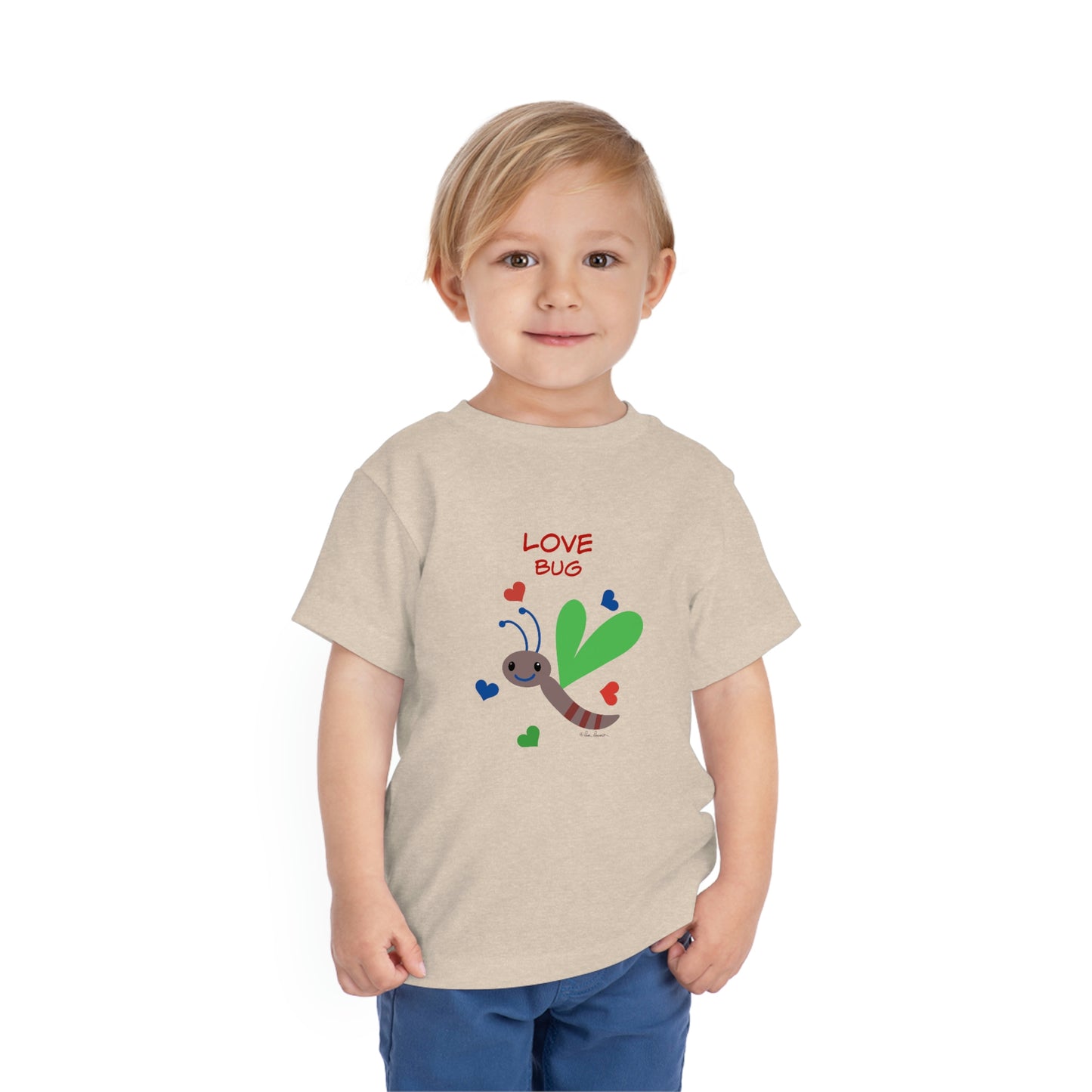 Mock up of a child wearing our Heather Dust t-shirt