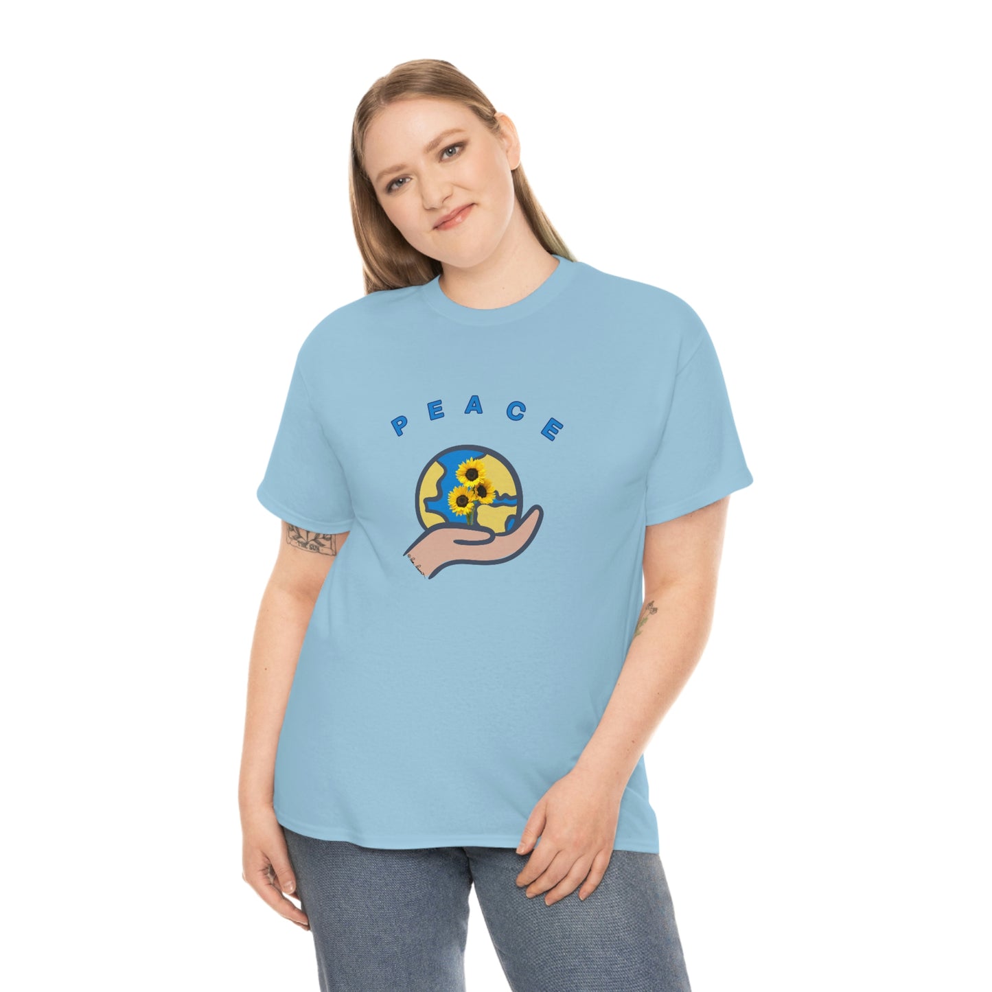 Mock up of the light blue t-shirt worn by a blonde-haired woman