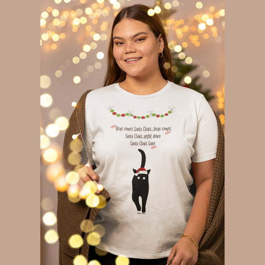 Mock up of a happy woman wearing our white relaxed fit Santa Claws T-shirt