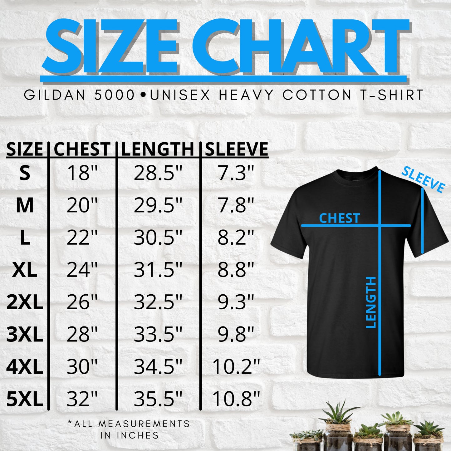 Size Chart for the unisex Gildan 5000 T-shirt