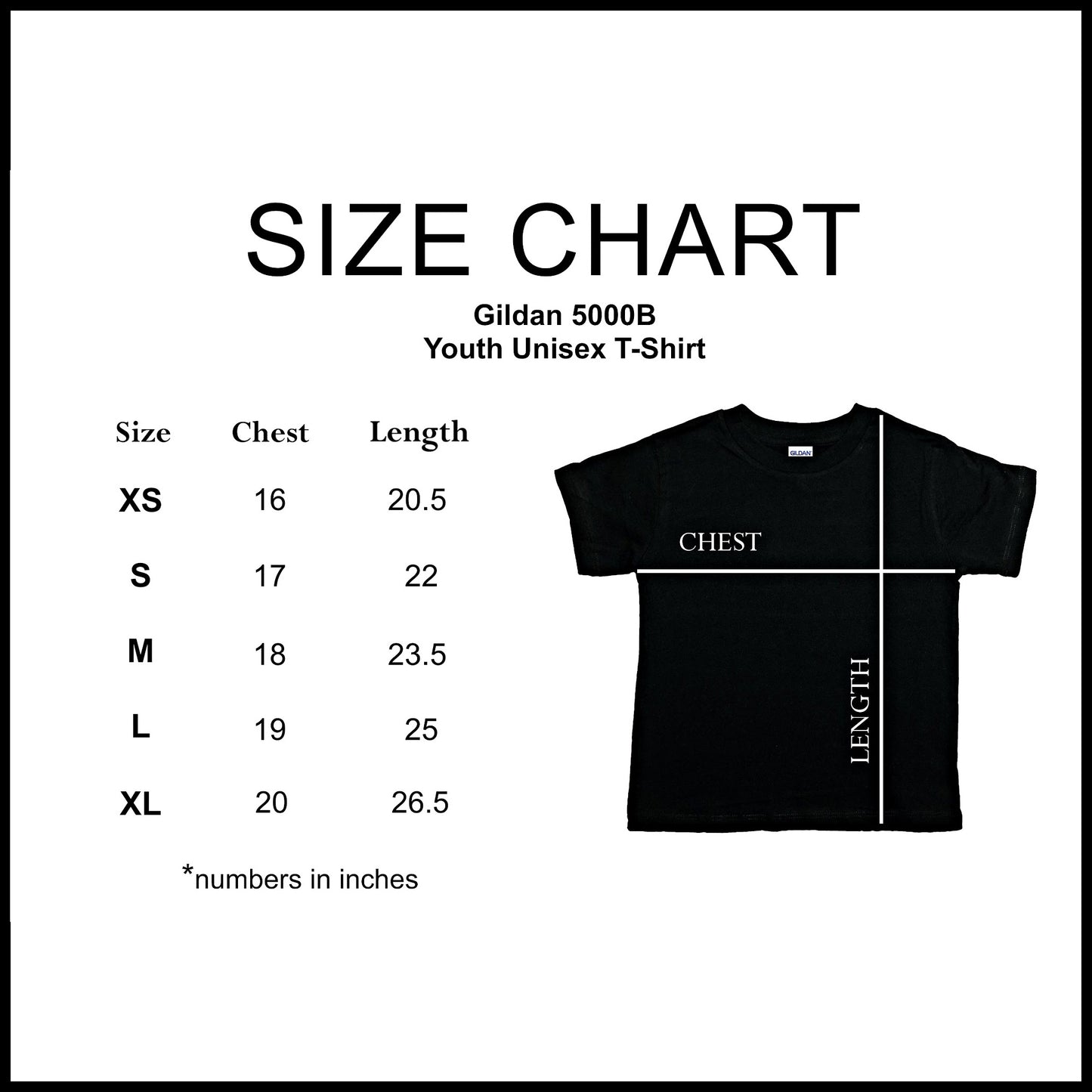 Size chart of this Gildan youth unisex t-shirt
