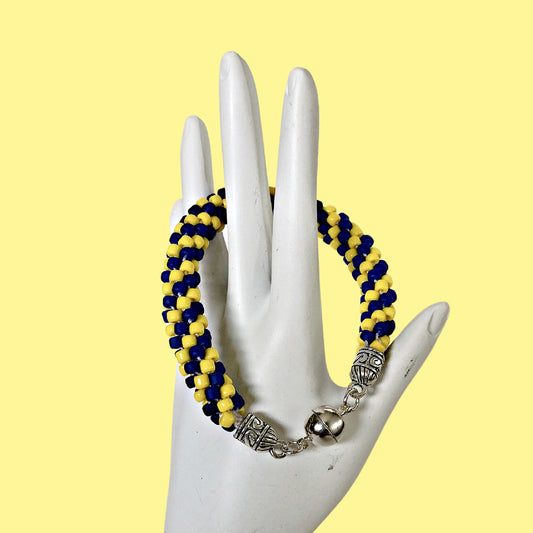 Kumihimo-woven Beaded Bracelet: Yellow and Blue; Handmade