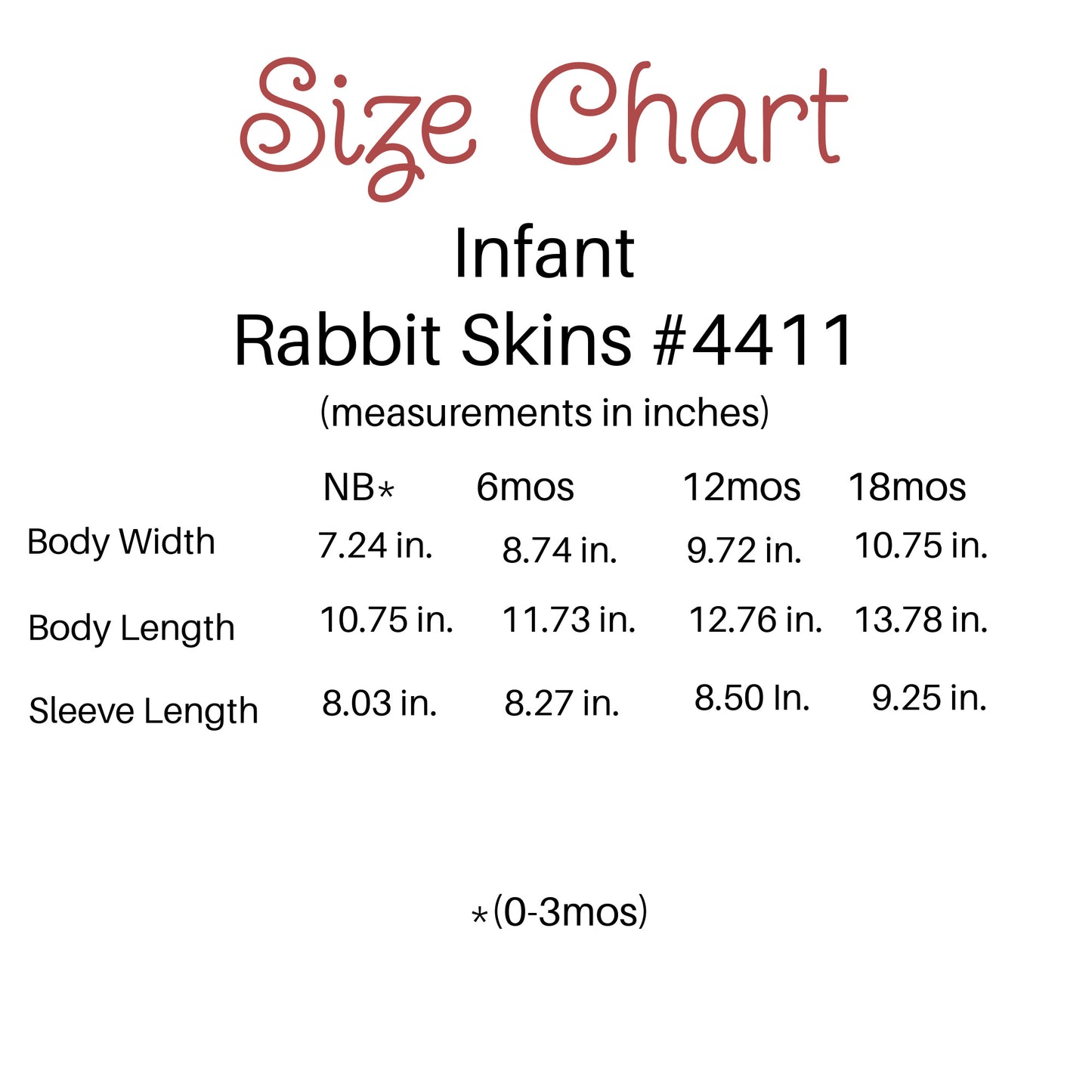 Size chart for this Infant Bodysuit