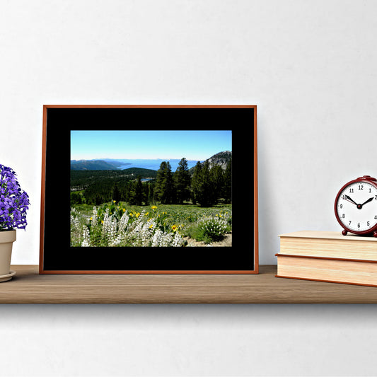 Mock up of our Wildflower Wall Art featuring wildflowers in a meadow high in the mountains with Lake Tahoe in the distance