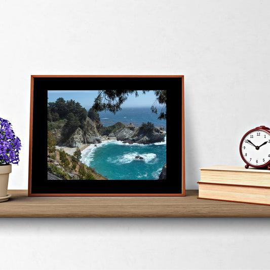 Mock up of our Turquoise-Seascape Wall Art featuring the Waterfall at Big Sur, CA; the turquoise water of the cove and the blue pacific ocean in the distance.