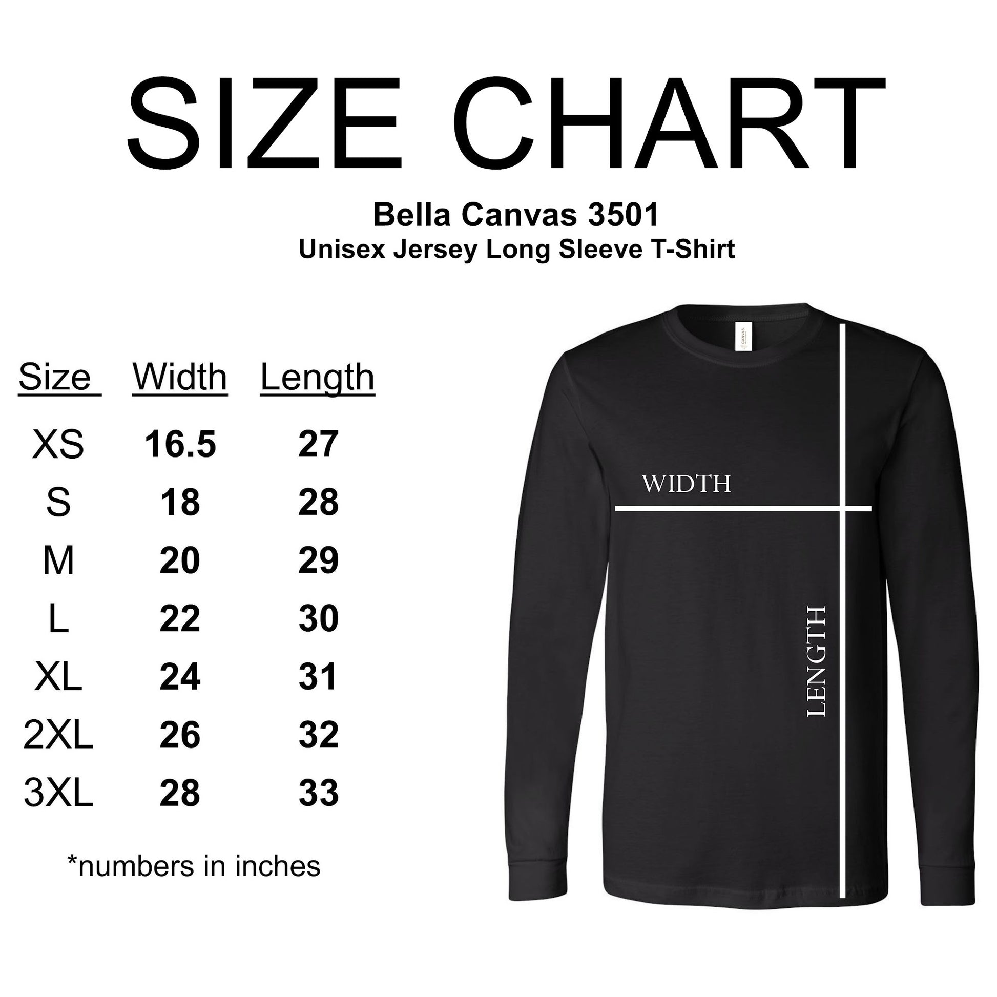 A size chart for this Bella + Canvas Long Sleeve t-shirt