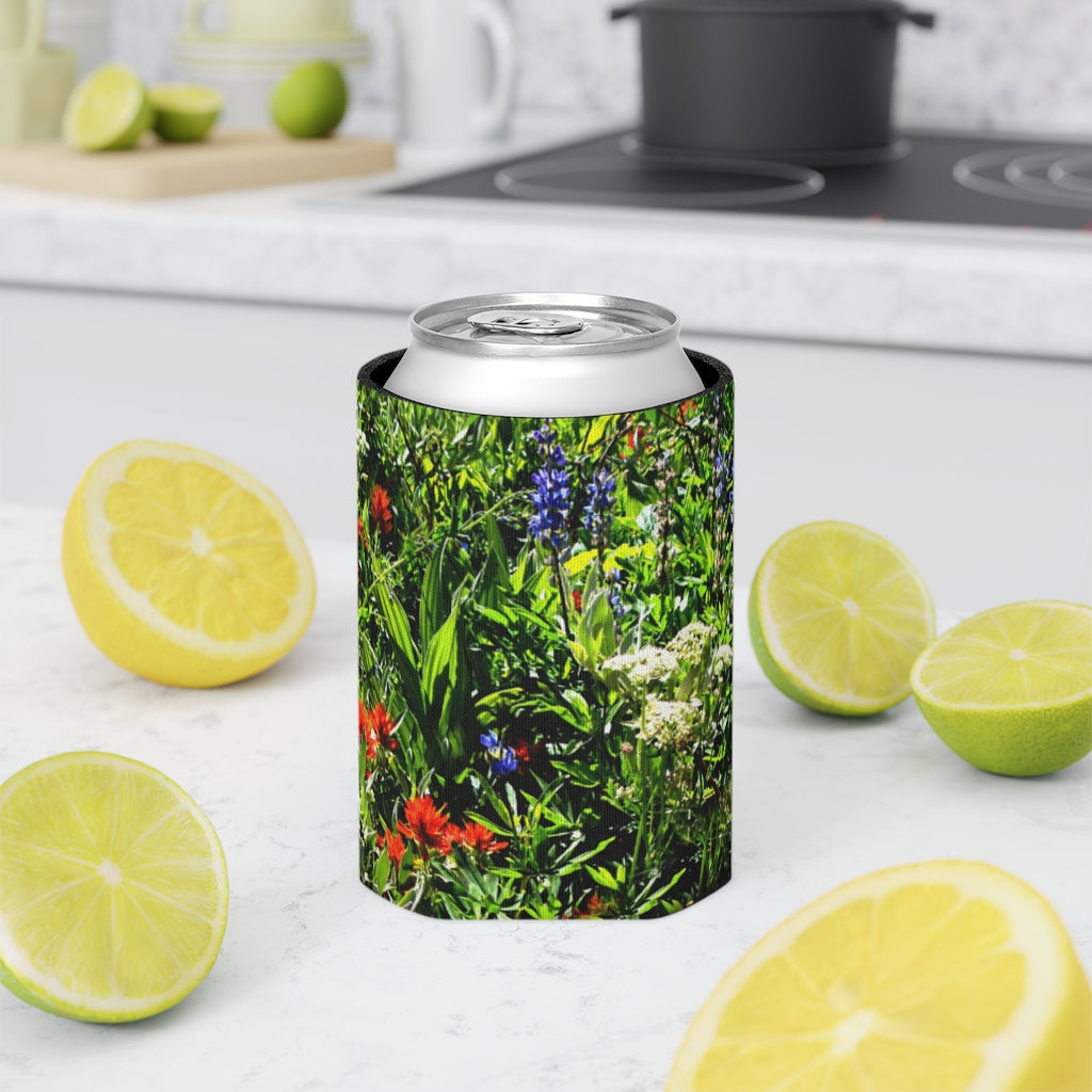 Mock up of our Polyester Can Cooler with regular-size can sitting on a kitchen surface surrounded by cut lemons and limes