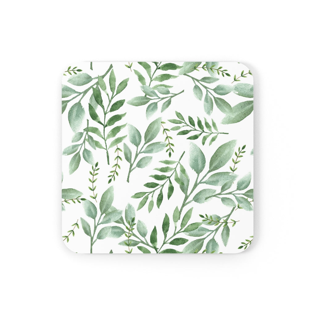 Green Botanical Coasters: 4-piece Set; Square; Corkwood
