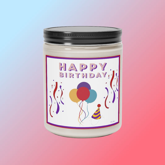 Front view of our Scented Birthday Candle in a jar with lid on