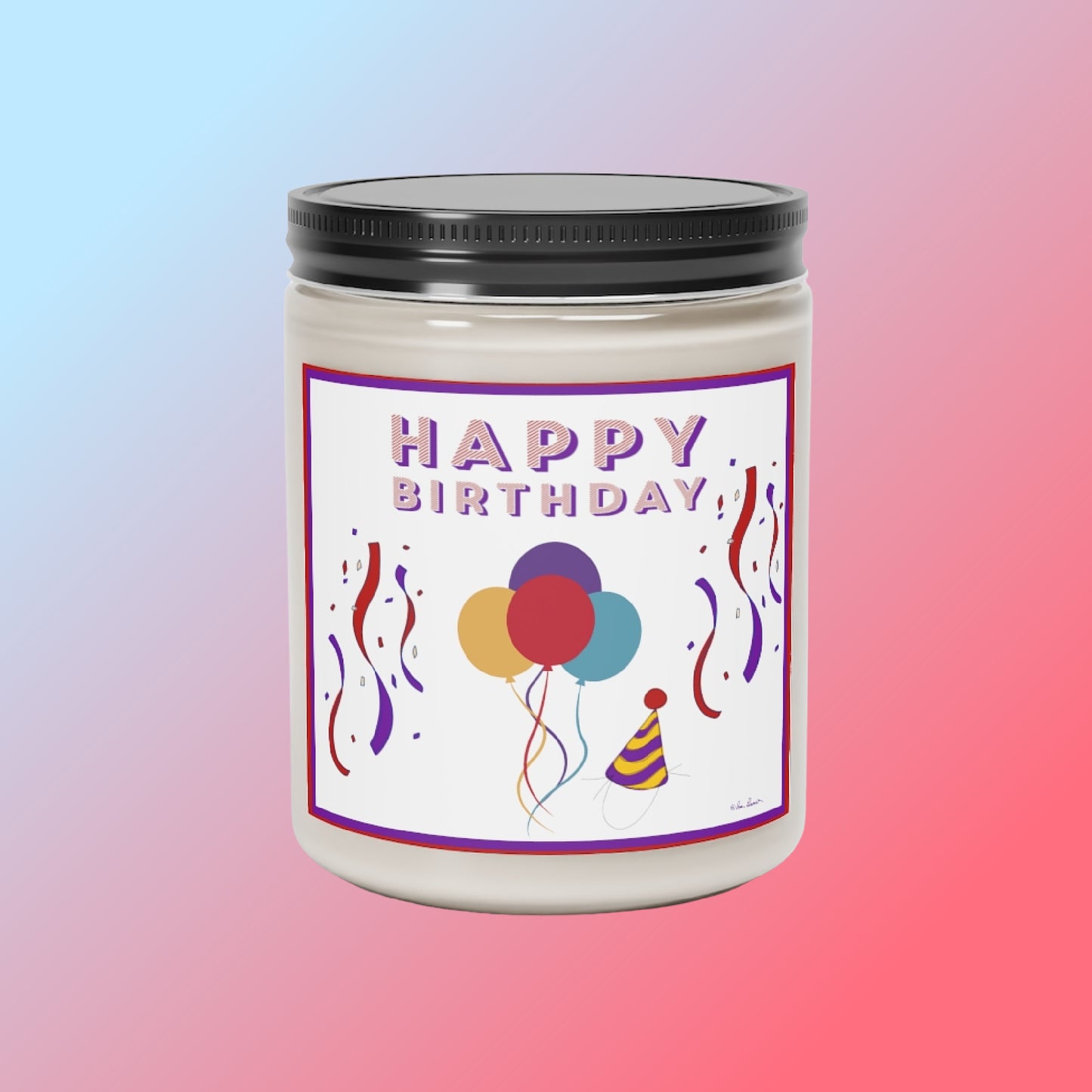 Front view of our Scented Birthday Candle in a jar with lid on