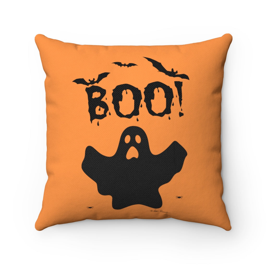Photo of the front of our Halloween Pillow Case featuring a Black Ghost saying "Boo"