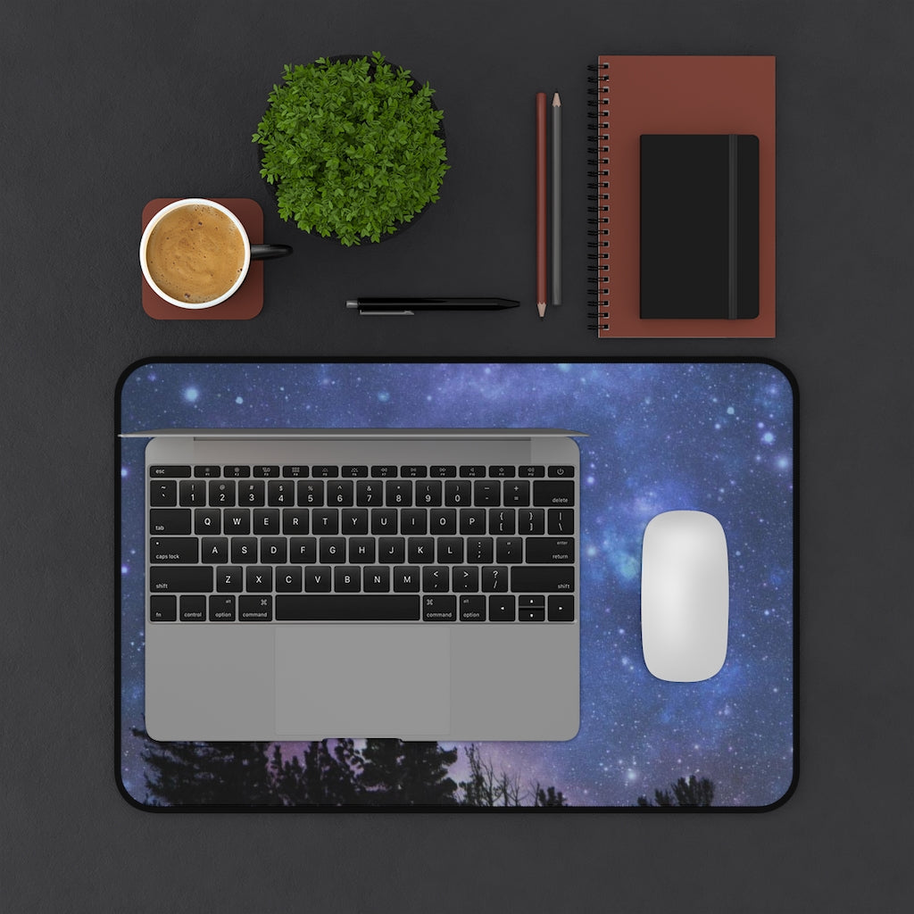 Mock up of the smaller desk mat with laptop and mouse