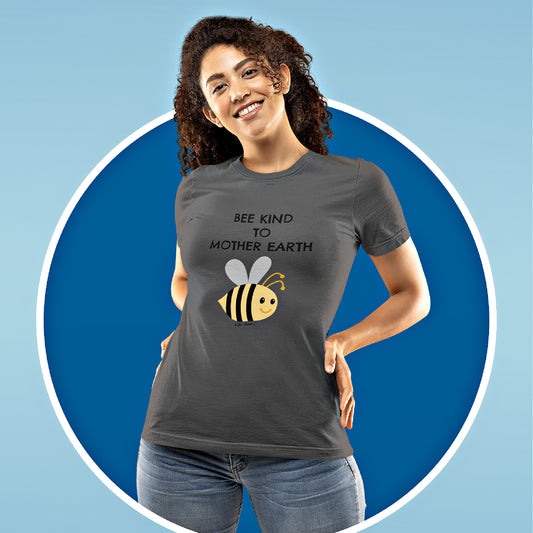 Mock up of a curly-haired woman wearing our dark grey T-shirt