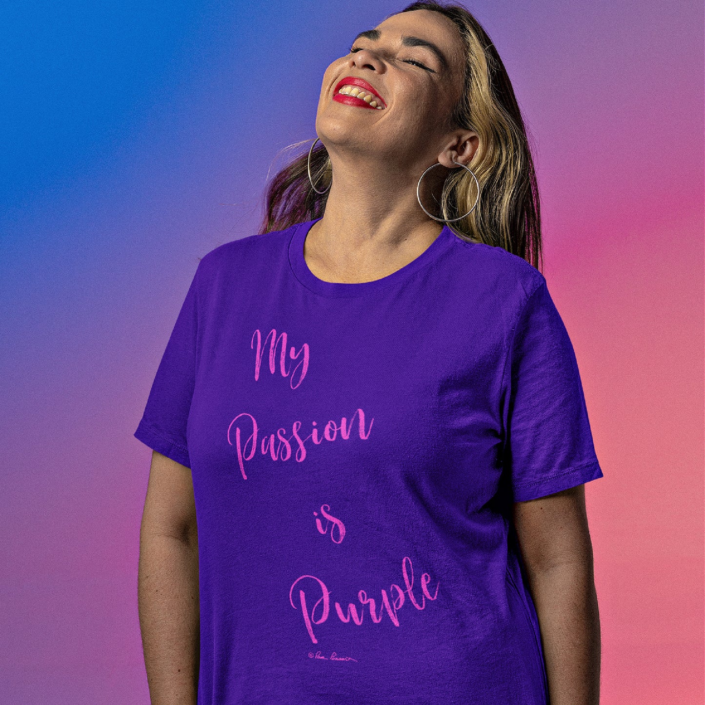 Mock up of a woman wearing our Purple-Passion T-shirt