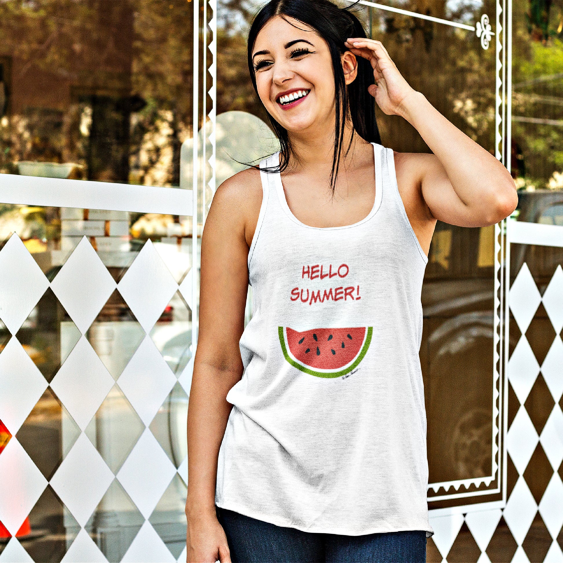 Mock up of a woman wearing our relaxed-fit Flowy Tank-top
