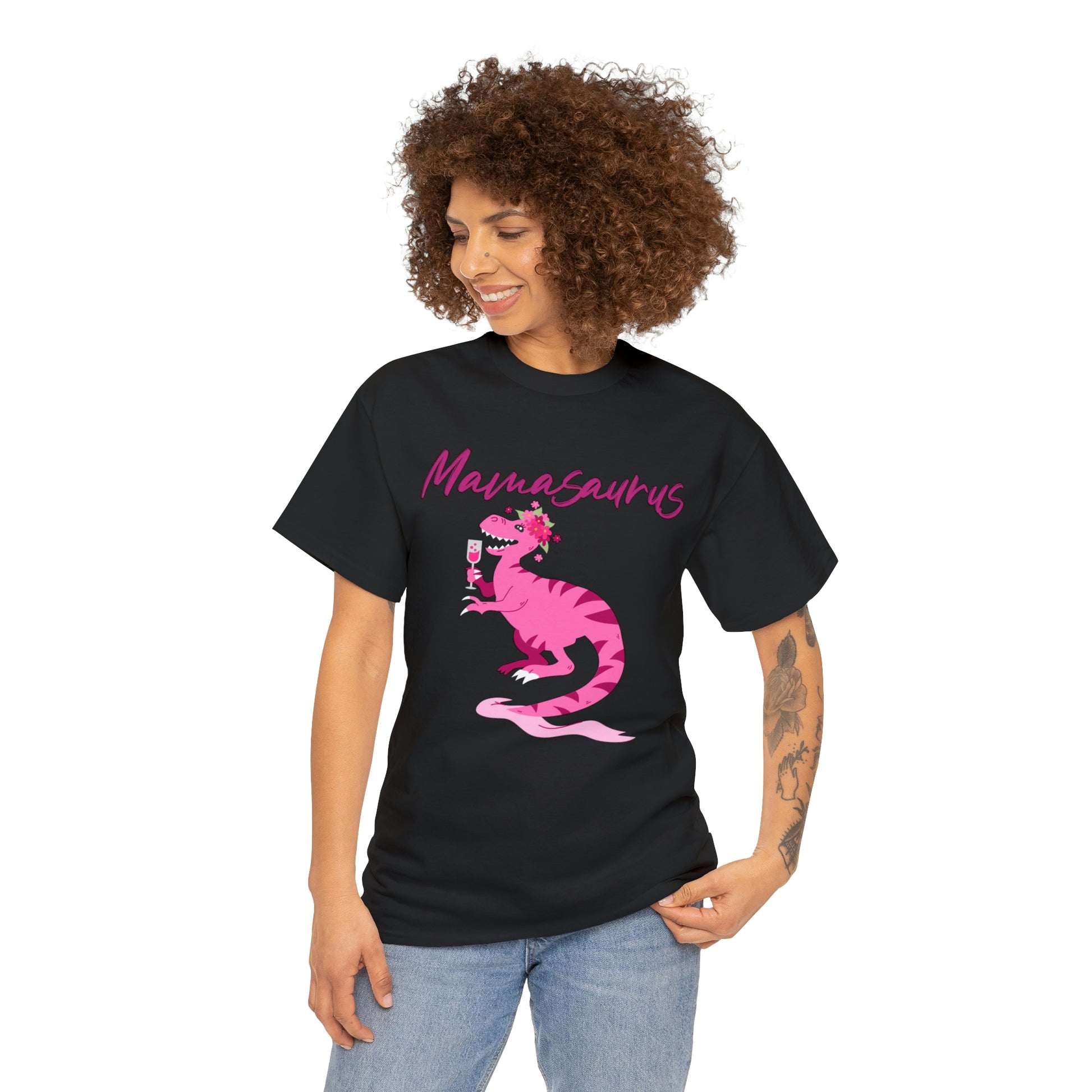Mock up of the Black t-shirt worn by a girl with curly hair