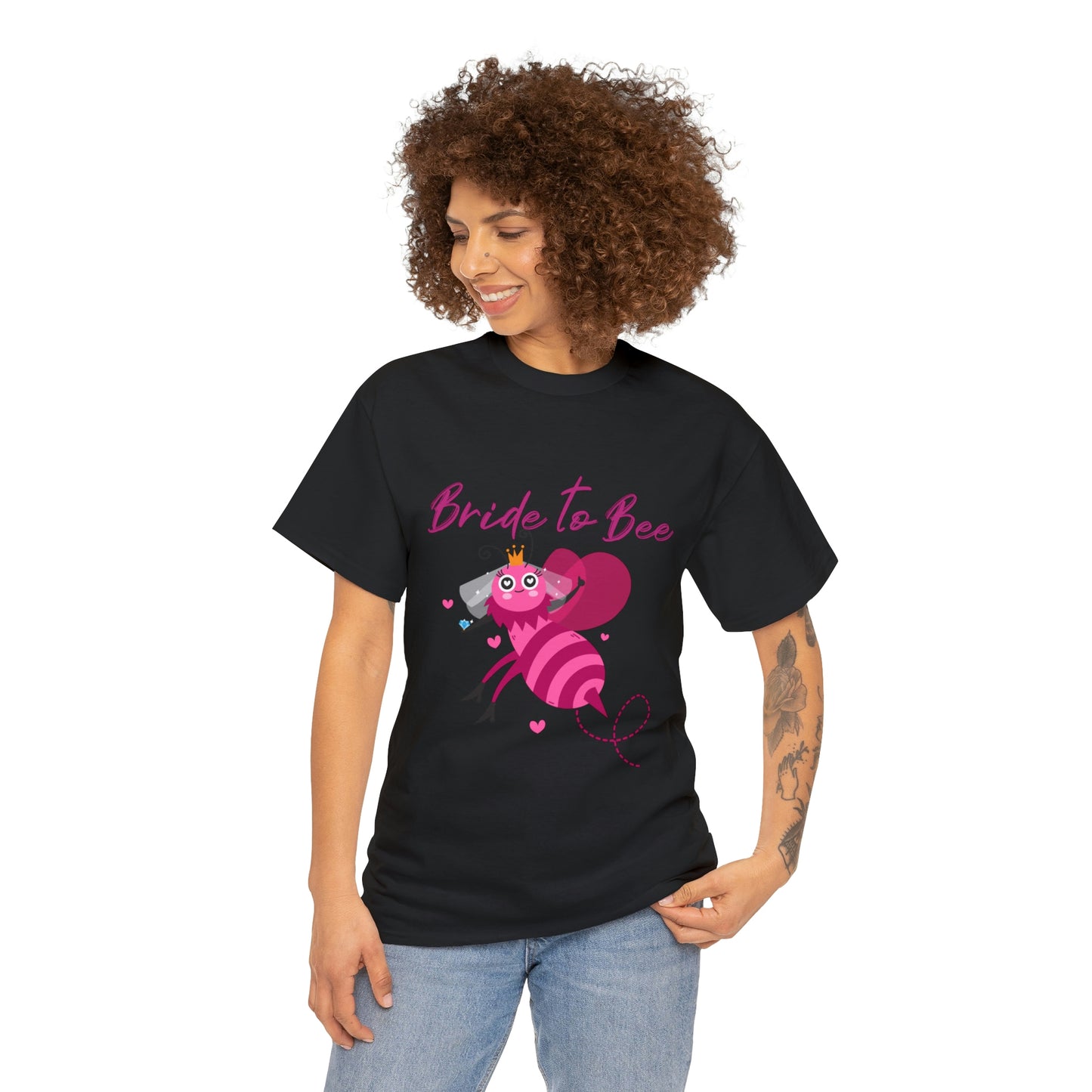 Cotton Bachelorette T-shirt: Unisex sizing; Bride-to-Be art