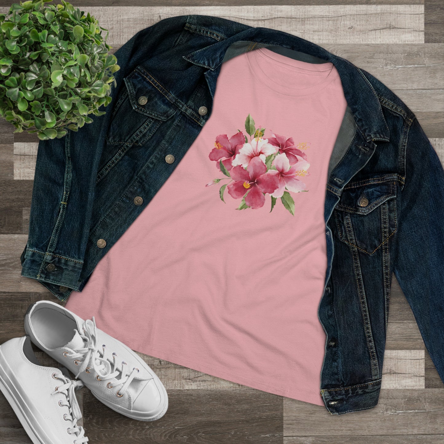 Mock up of the pink shirt under a dark denim jacket