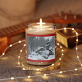 Mock up of our Scented Holiday Candle on a table surrounded by a string of lights
