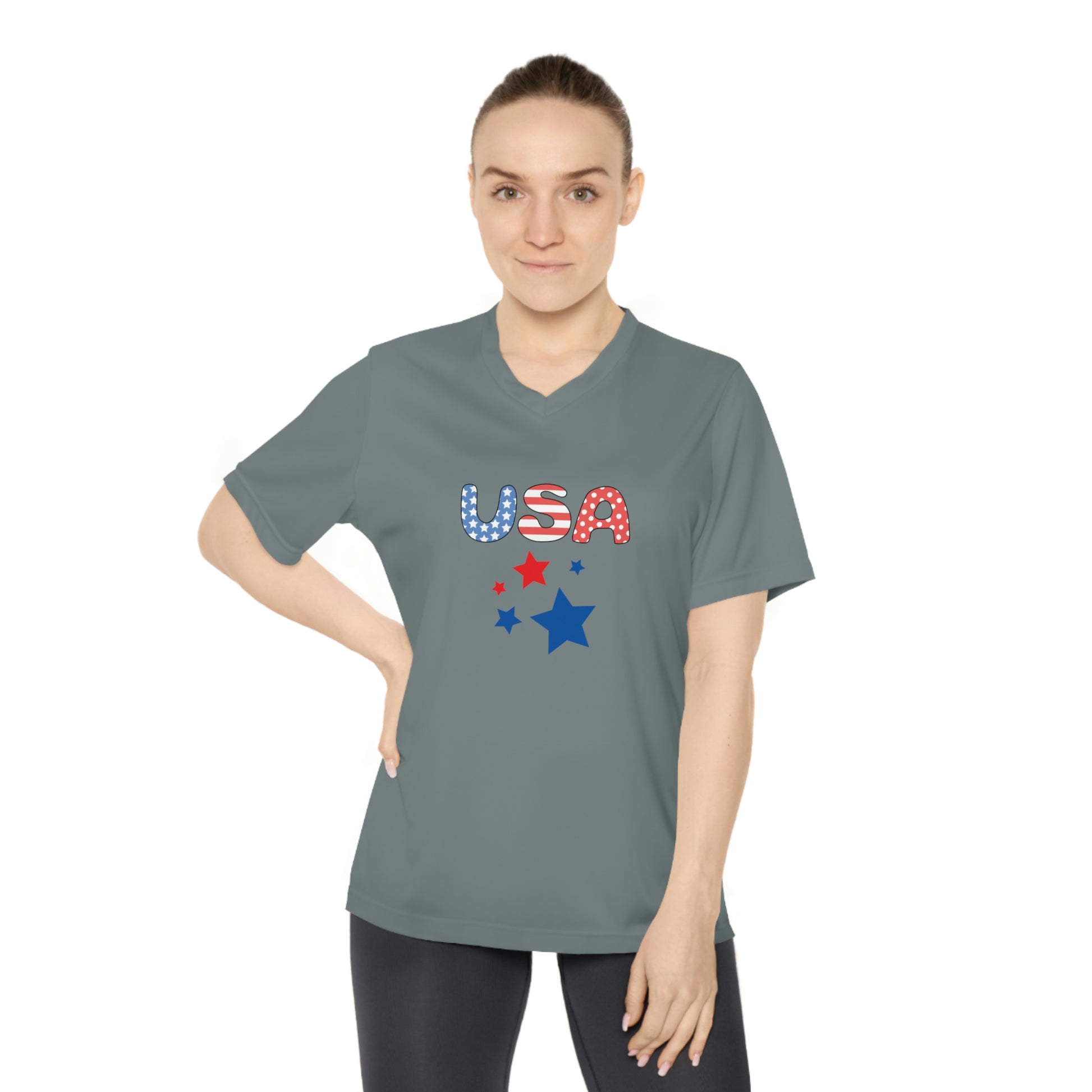 Mock up of a woman wearing the  Sport Graphite gray t-shirt