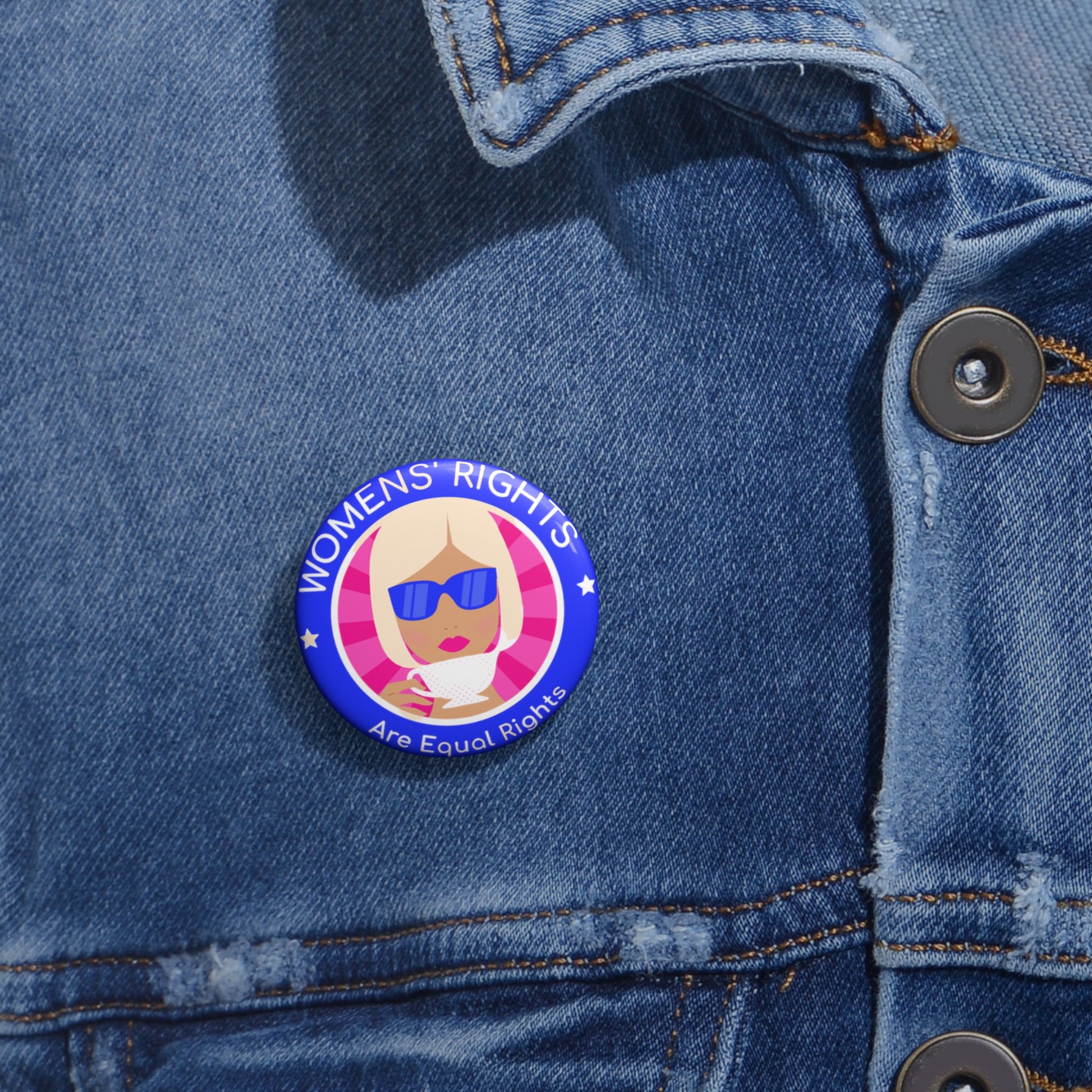 Mock up of the 1.25" button on a denim shirt