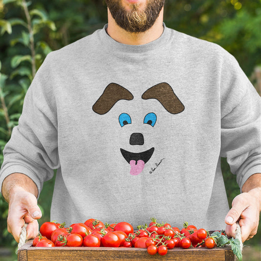 Mock up of a man wearing our Dog-Art Sweatshirt and holding a tray of tomatoes