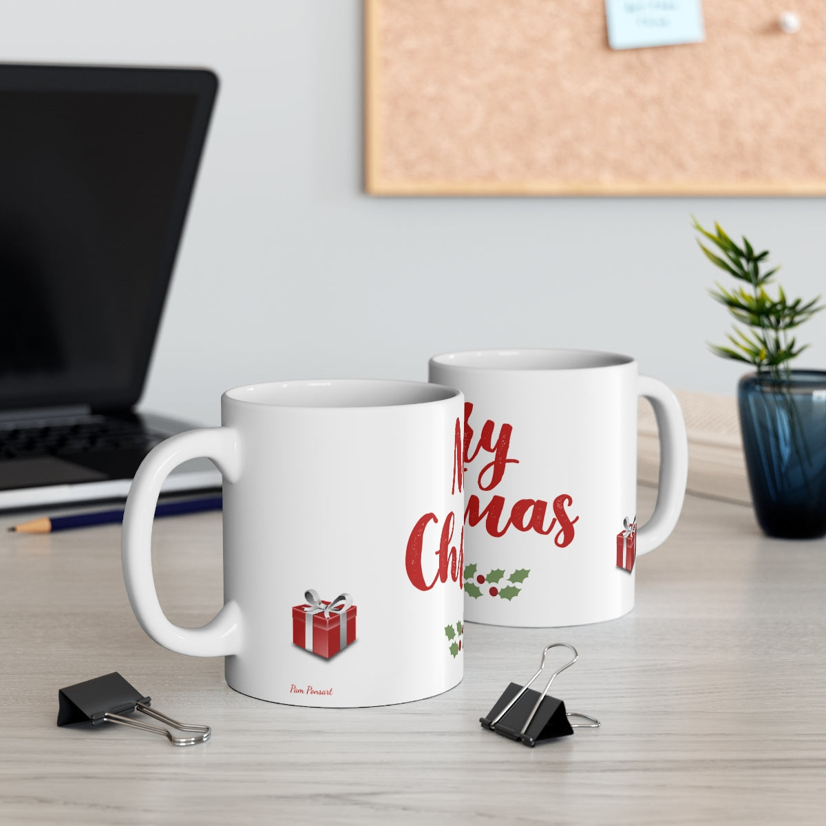 Holiday Merry-Christmas Mug: White; Ceramic; 11oz.; Textual