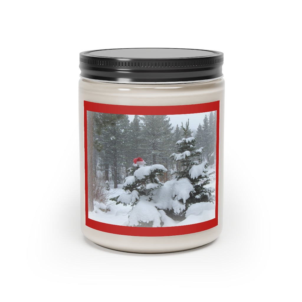 Front view of our Scented Holiday Candle with lid on the jar