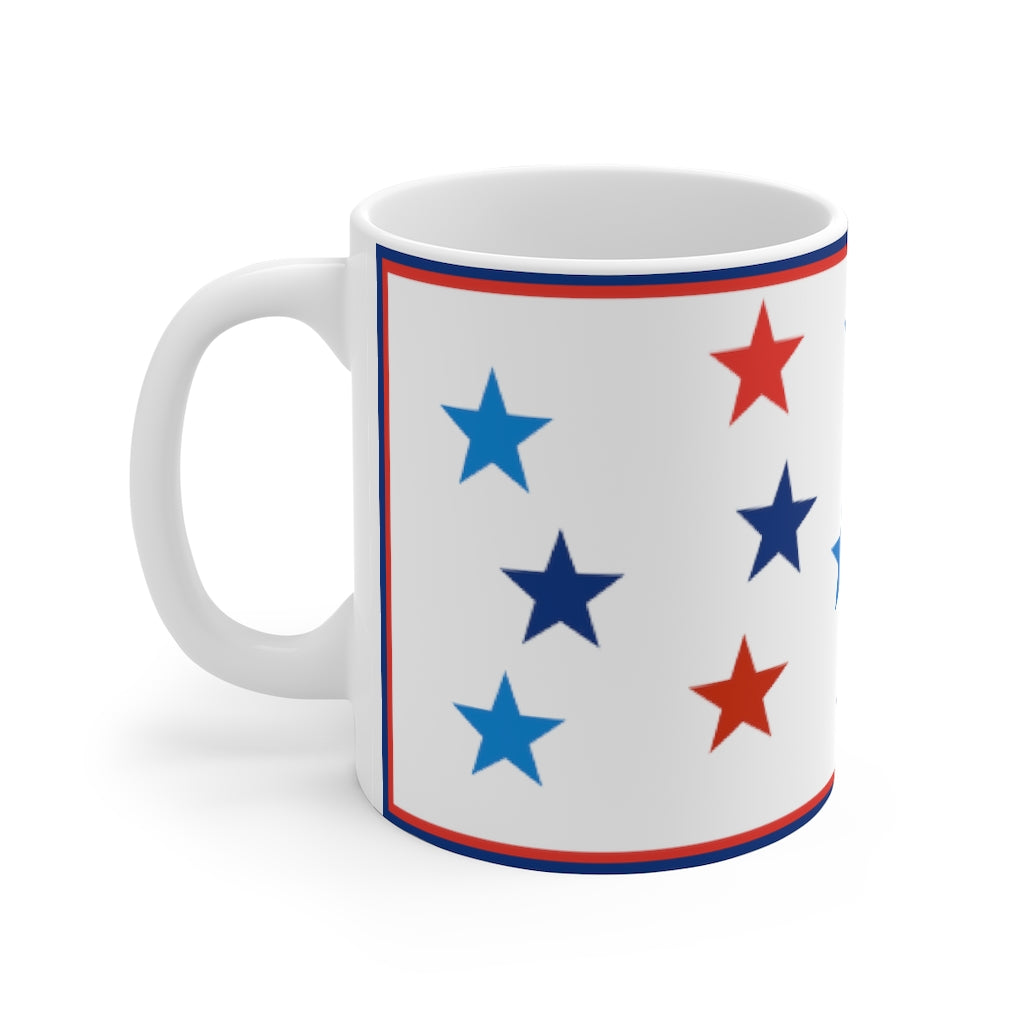 Mug with Stars: Blue and Red on White; Ceramic; 11 oz.