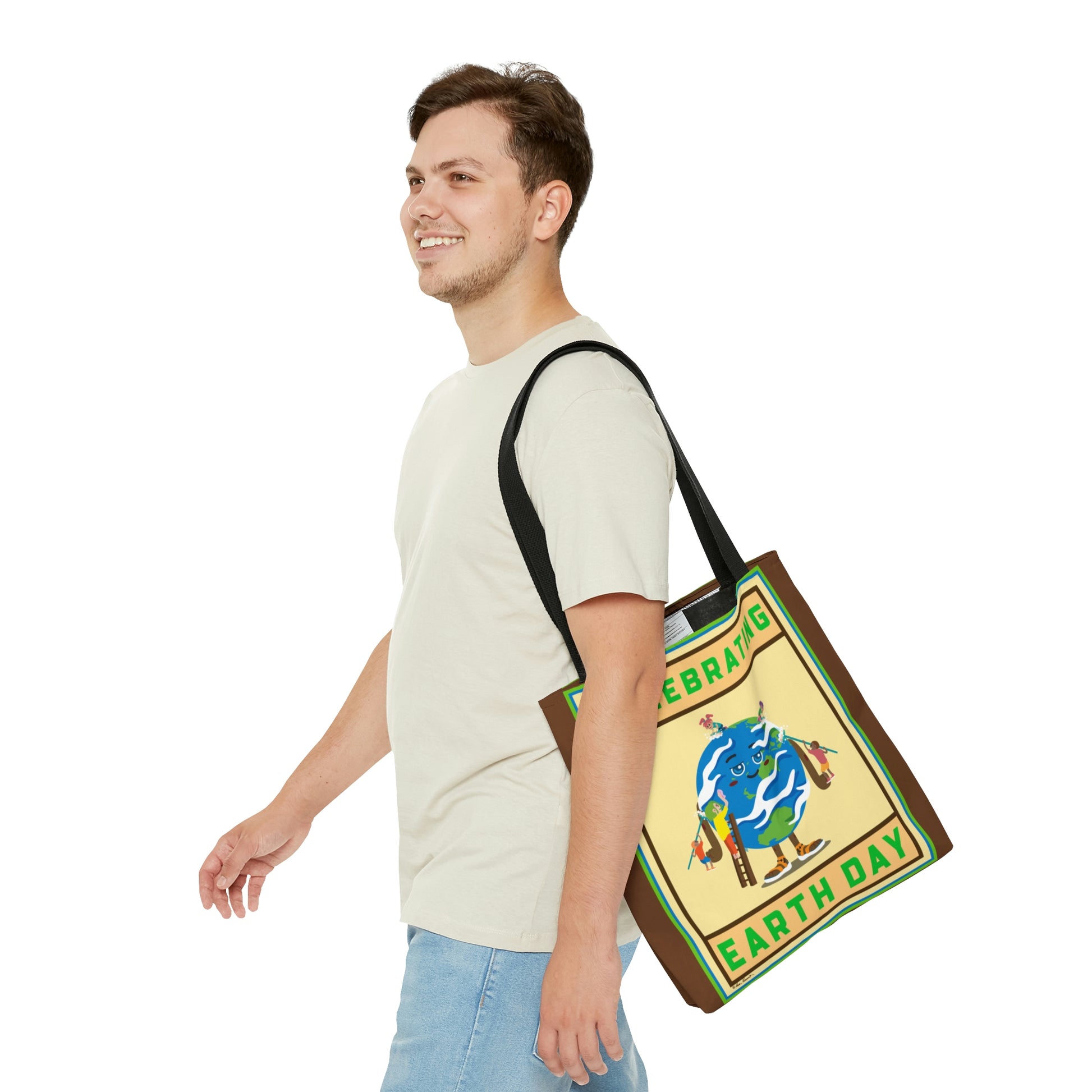 Mock up of small tote being carried on the shoulder of a man