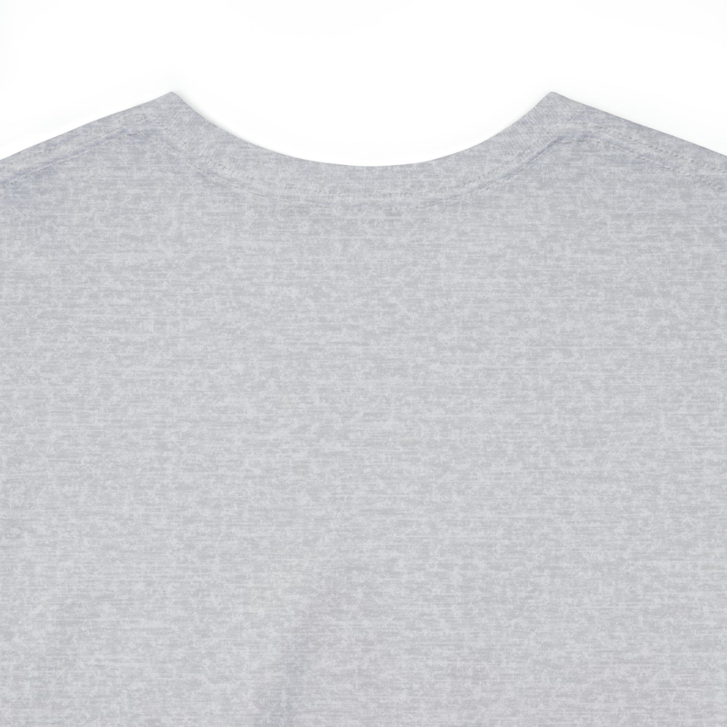 Close up of the back of the neck of the grey t-shirt