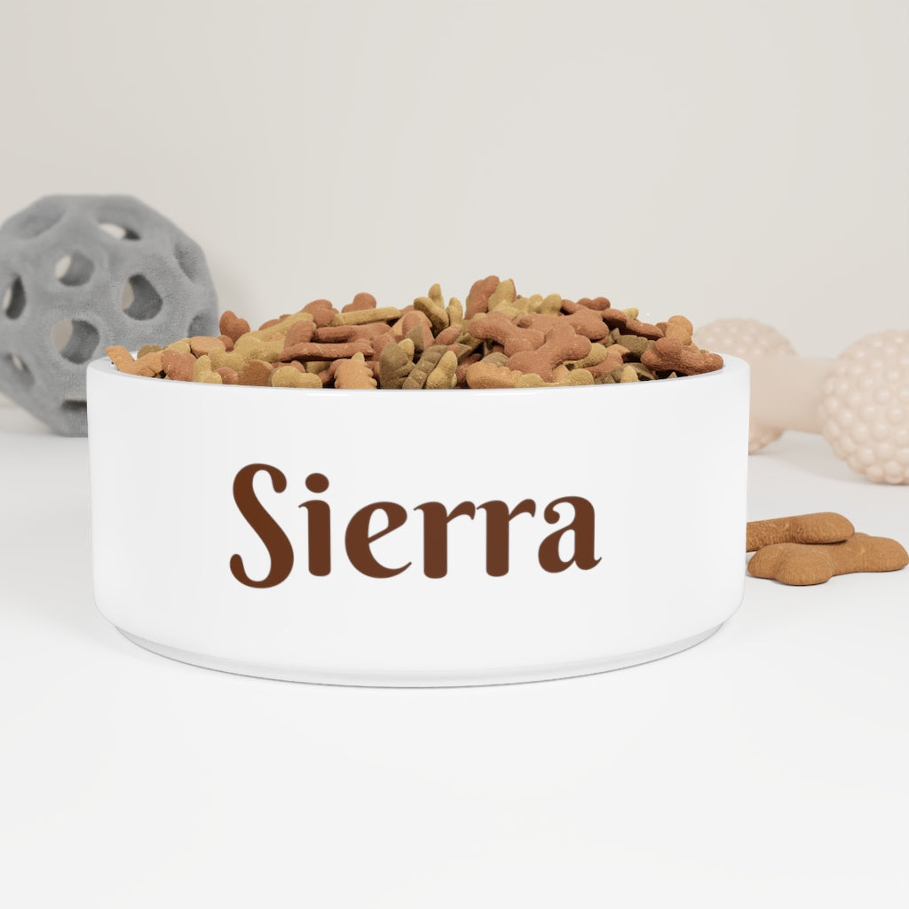 Mock up of our Ceramic Pet Bowl with 'sample name' printed on the front