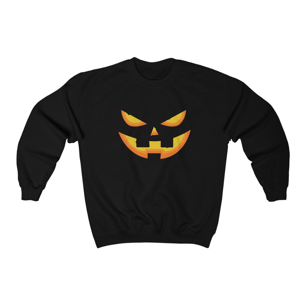 Flat photo of our Black Halloween Sweatshirt with an orange Pumpkin Face 