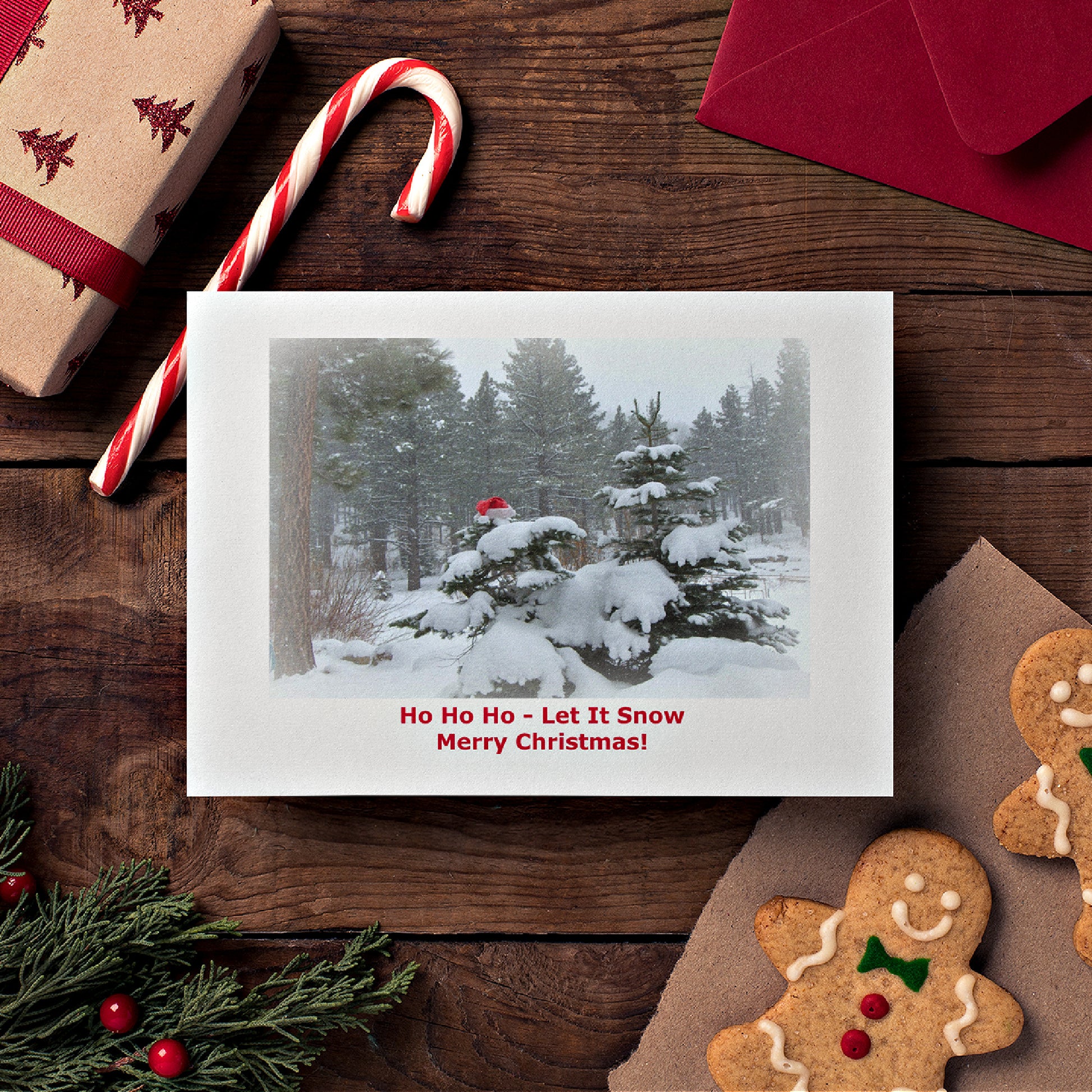 Mockup of our Single Christmas Card featuring Santa's Hat on a snow-laden tree with Red Printed text below