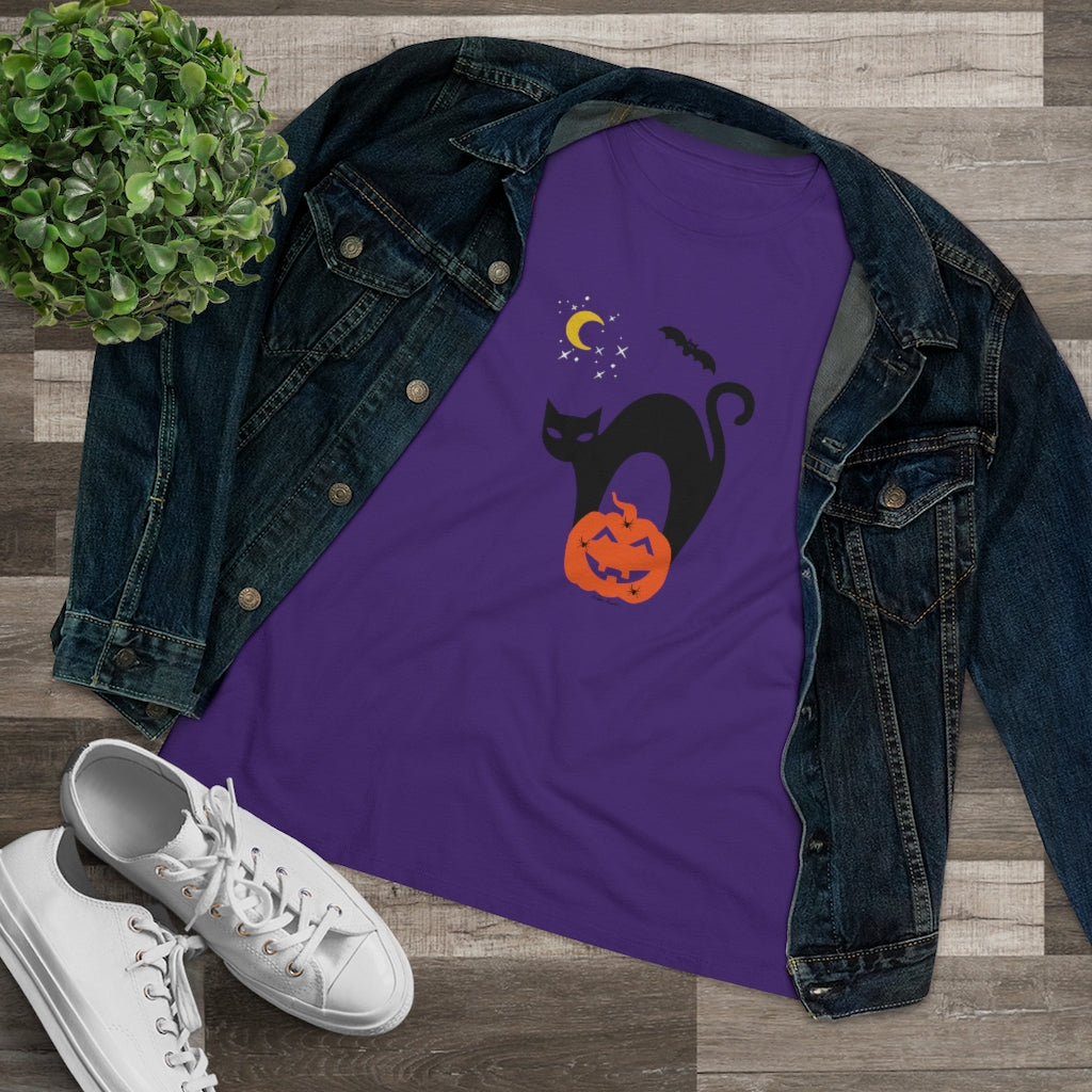 Mock up of our relaxed-fit Womens Purple T-shirt inside a denim jacket and alongside white sneakers
