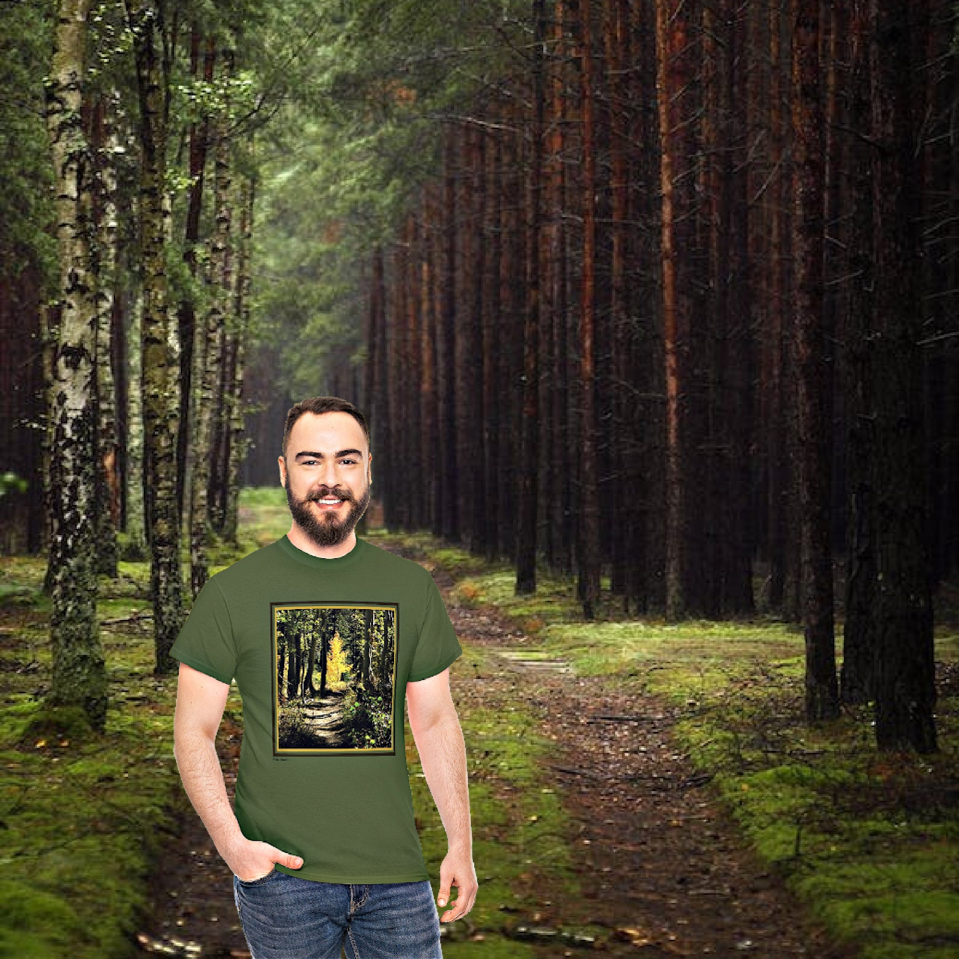 Mock up of man standing in forest while wearing our T-shirt