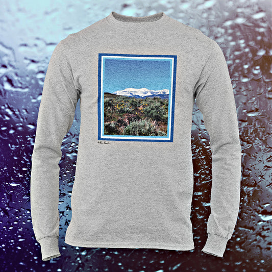 Mock up of a ghosted view of our Snowy Mountain T-shirt in color ash grey