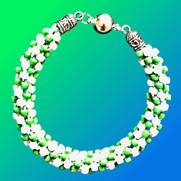 Green-and-White Beaded Bracelet: Kumihimo style; Handmade