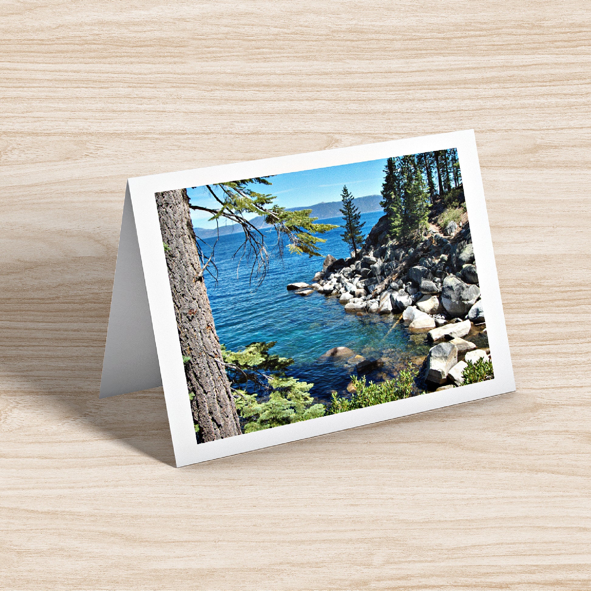 Mock up of front view of our Lake-Tahoe Photo-Greeting Card