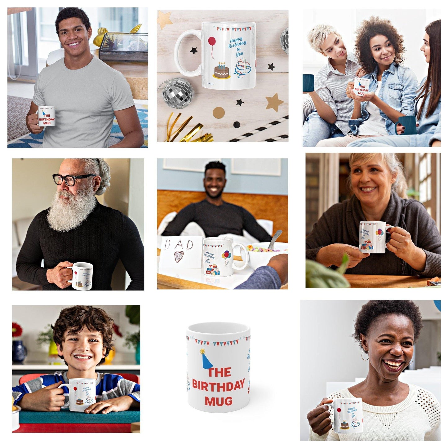 A photo collage of all the people who would enjoy using our Birthday Celebration Mug