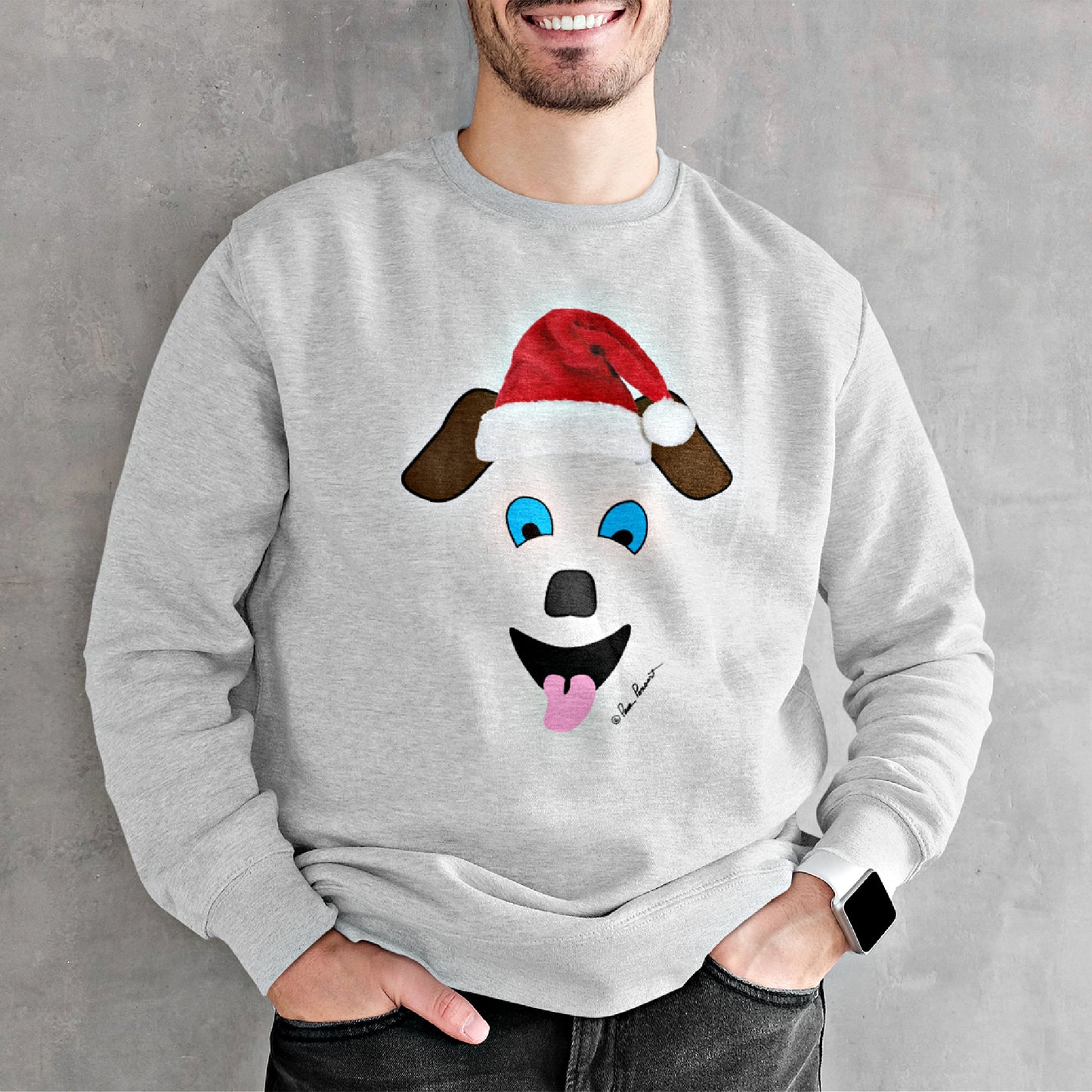 Mock up of a smiling man wearing our Ash Grey Santa Dog Sweatshirt        Swea