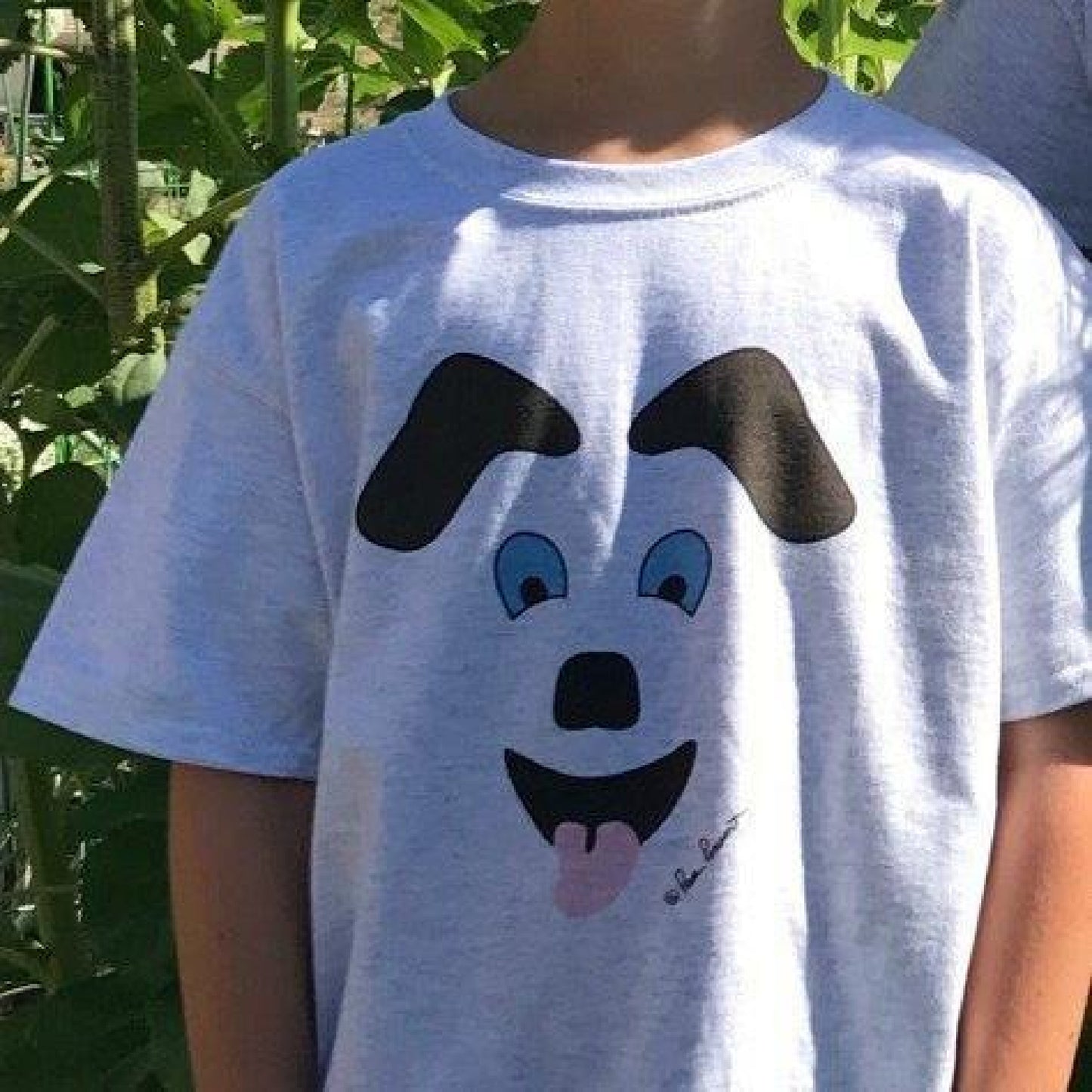 Mock up of our Kids Dog-Face T-shirt in color ash grey