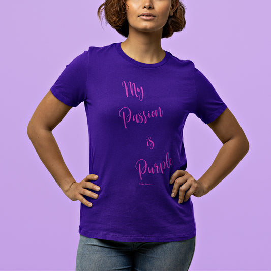 Mock up of a confident woman wearing our Purple Slim-Fit T-shirt