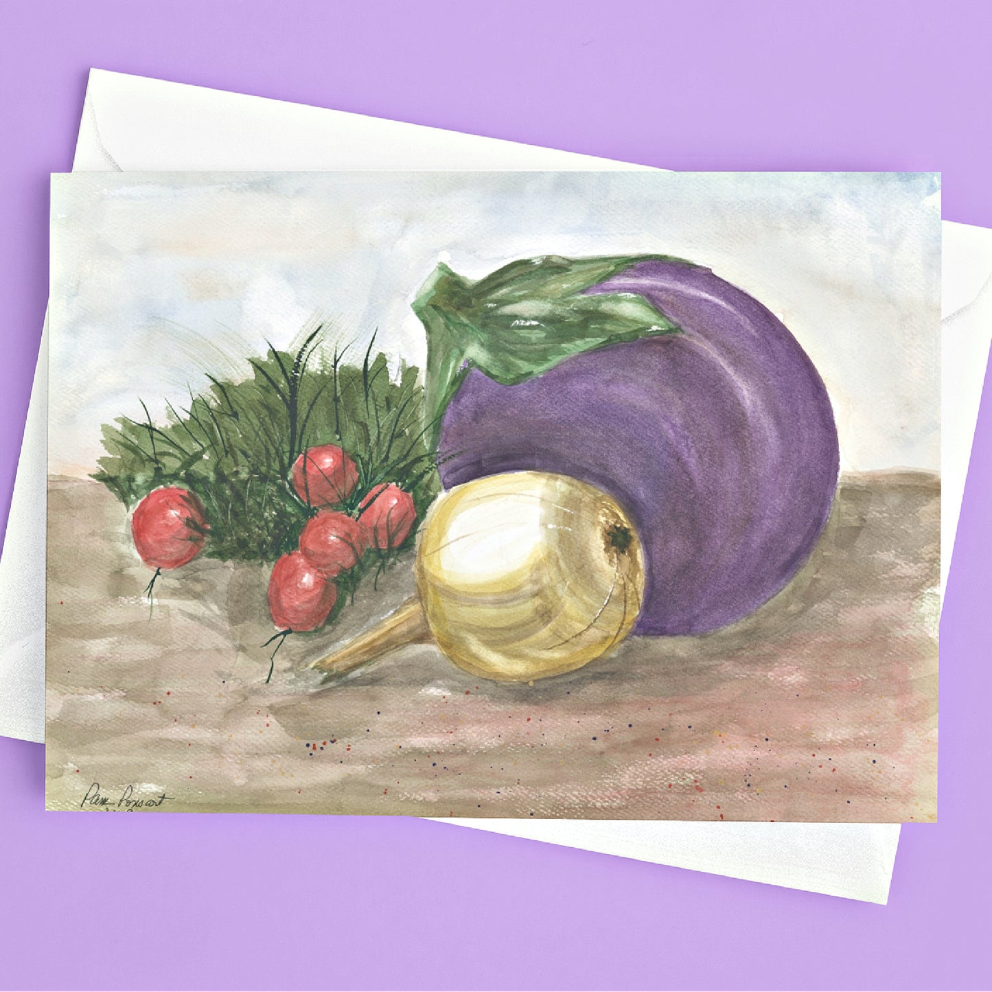 Mock up of one of our Watercolor Note Cards with envelope