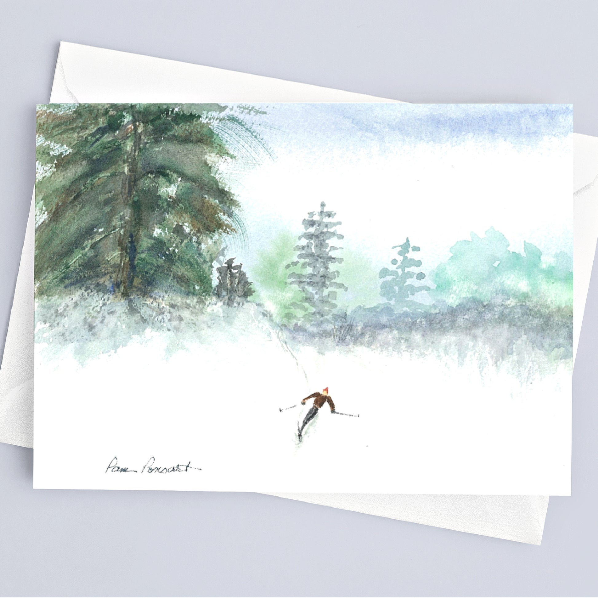 Close up of one of our Skier-theme Note Cards with envelope