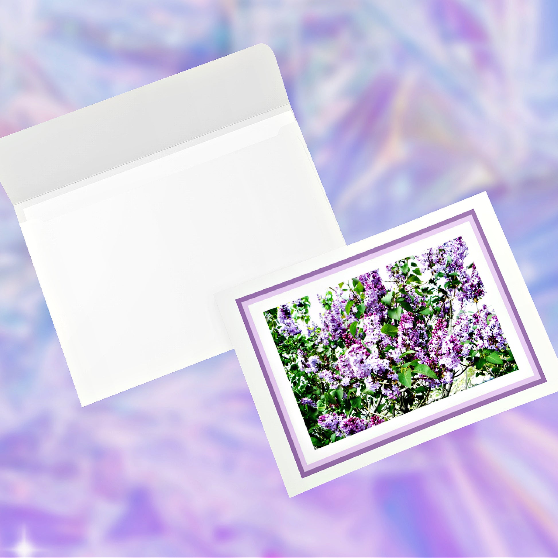 Mock up of single Classic Lilacs Greeting Card with envelope