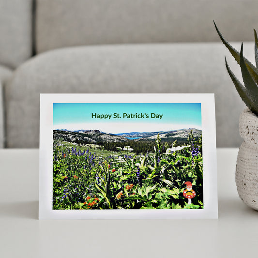 Mock up of our Leprechaun's Playground Card on a table next to a potted plant