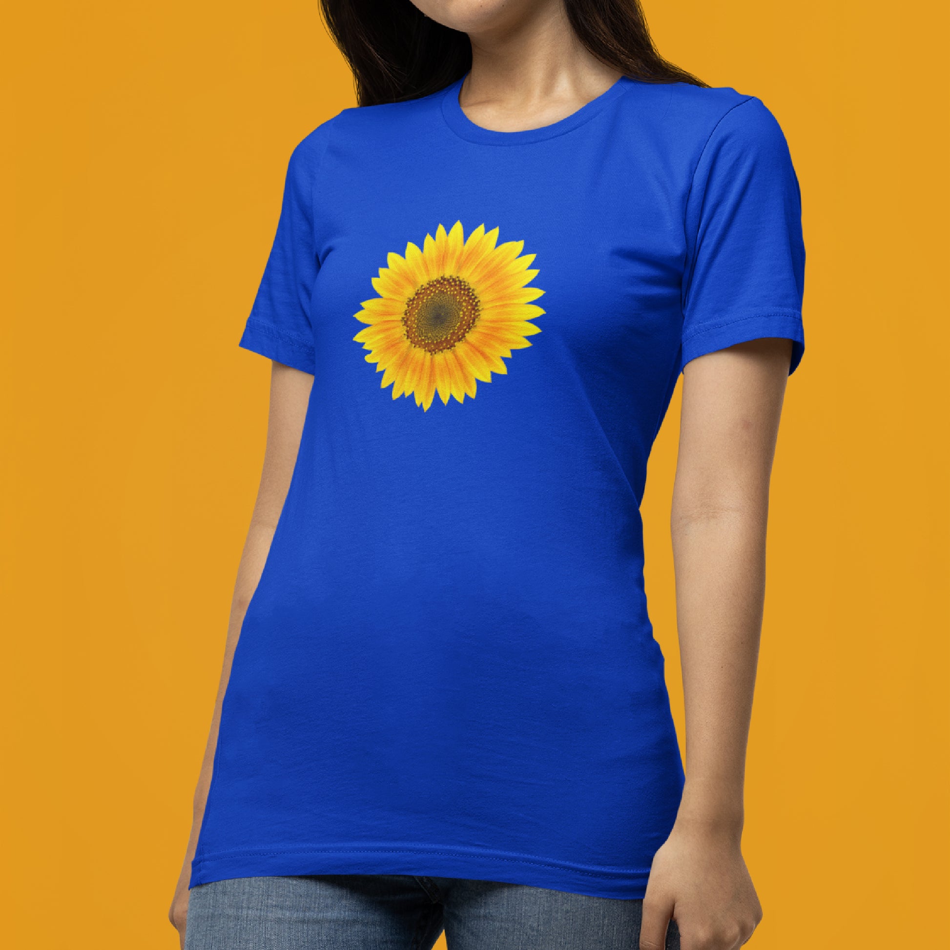 Mock up of a woman wearing our True Royal slim-fit t-shirt