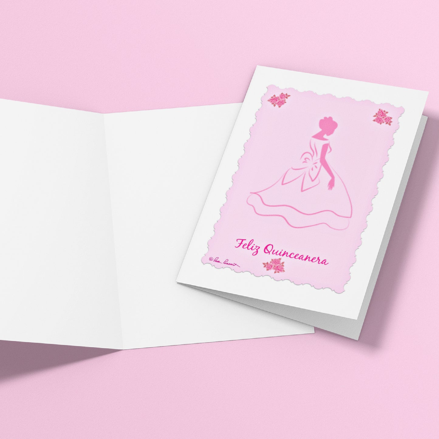 Mock up of 2 Latina Birthday Cards. The card on the left features the blank inside; the card on the right features the front view